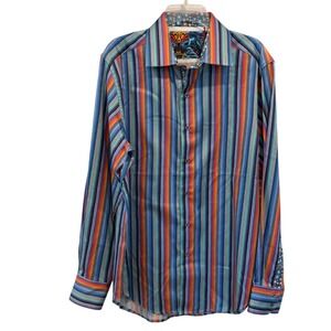 Robert Graham Mens Large Classic Fit Multicolor Striped Long Sleeve Button Shirt